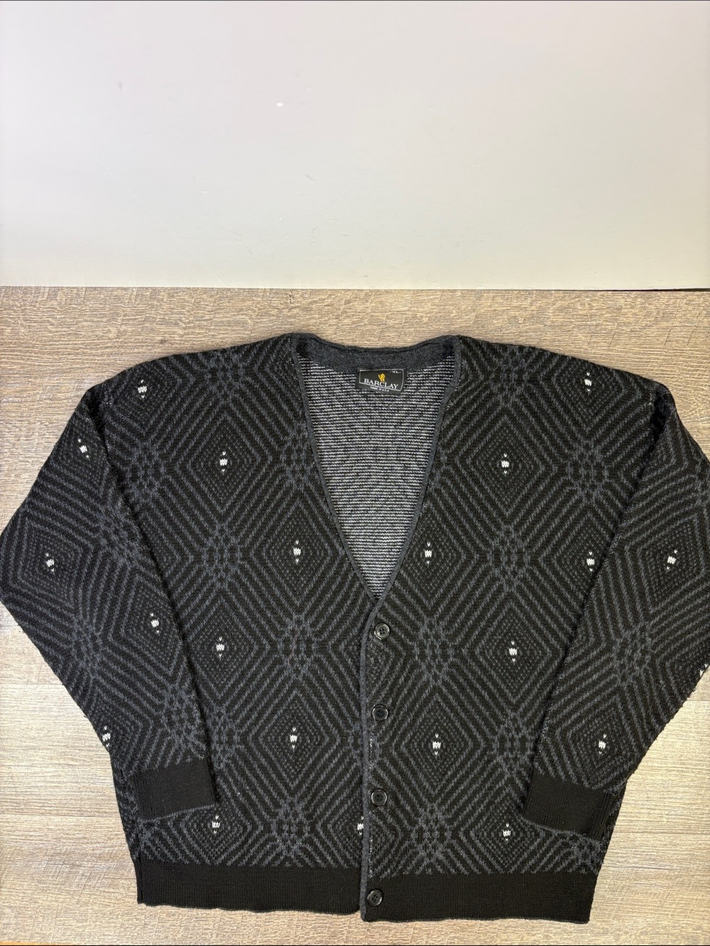 Vintage Barclay XL Geometric Cardigan Sweater Made in USA Black Gray